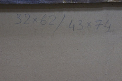 Back of Oil painting Evening people rest with handwritten black ink measurements on beige surface