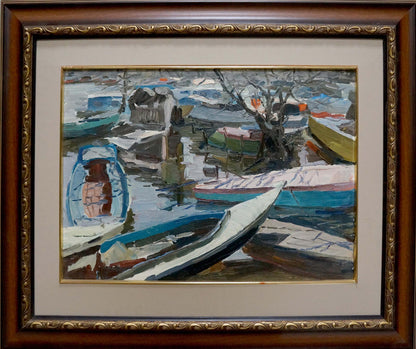 Framed Oil Painting Boat Ferry harbor scene with colorful boats
