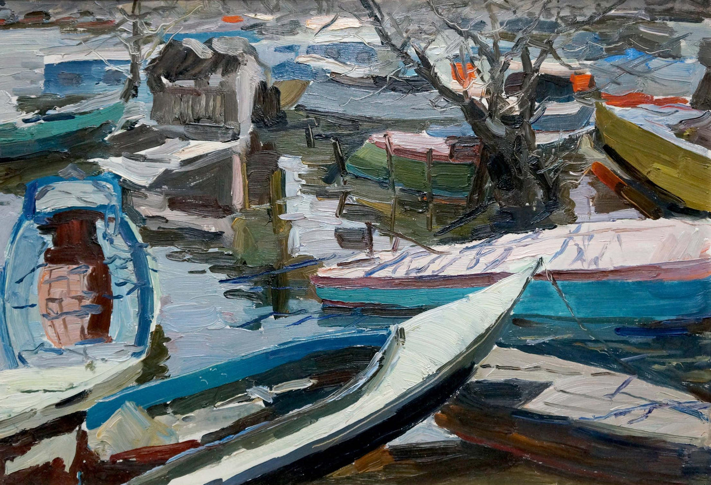 Oil painting of white blue boat with brown interior in snowy harbor