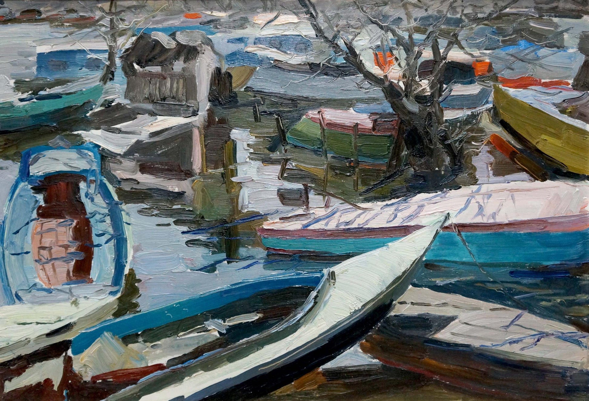 Oil painting of white blue boat with brown interior in snowy harbor