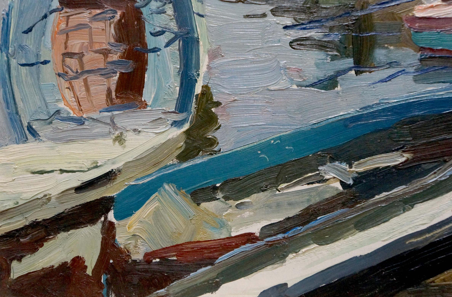 Textured oil painting of boat ferry with bold blue, white, and brown brushstrokes