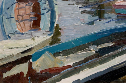 Textured oil painting of boat ferry with bold blue, white, and brown brushstrokes