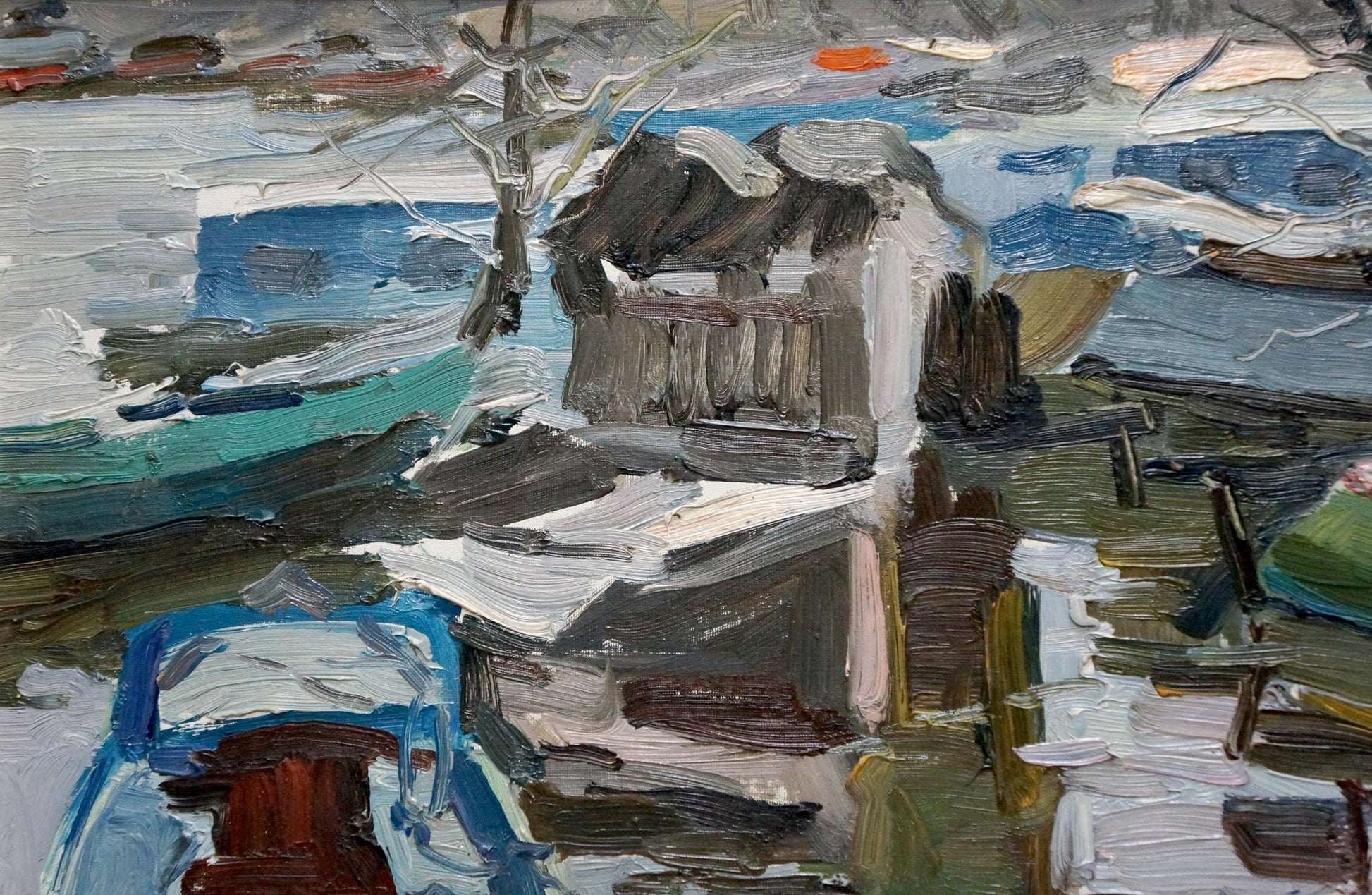 Impressionistic oil painting of snowy house by icy waters, Boat ferry