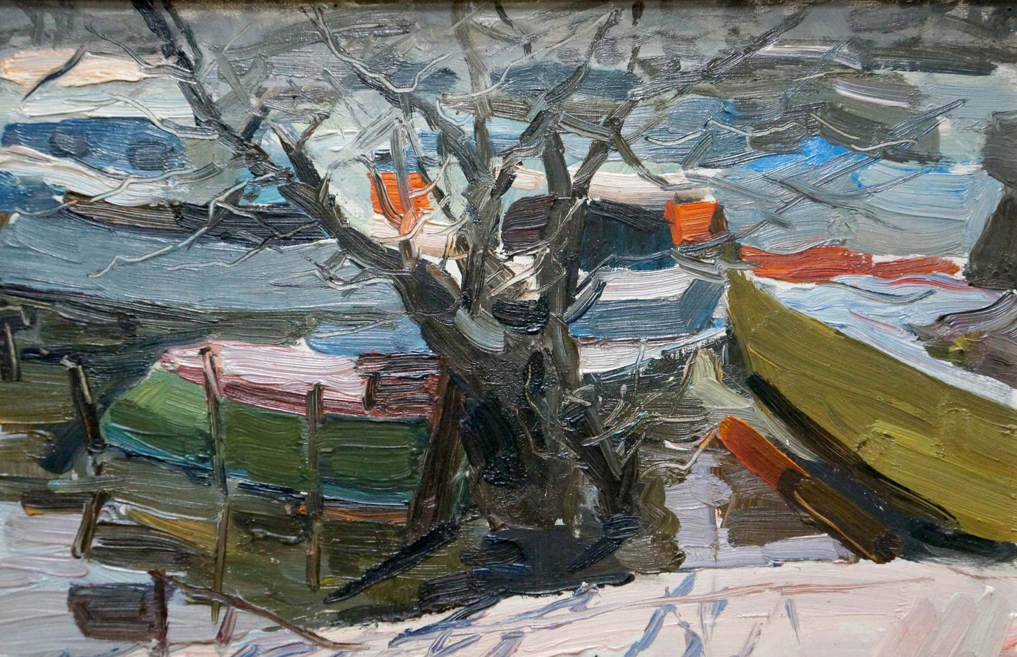 Impressionistic oil painting of bare tree and snowy Boat Ferry in vivid colors