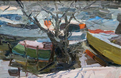 Impressionistic oil painting of bare tree and snowy Boat Ferry in vivid colors