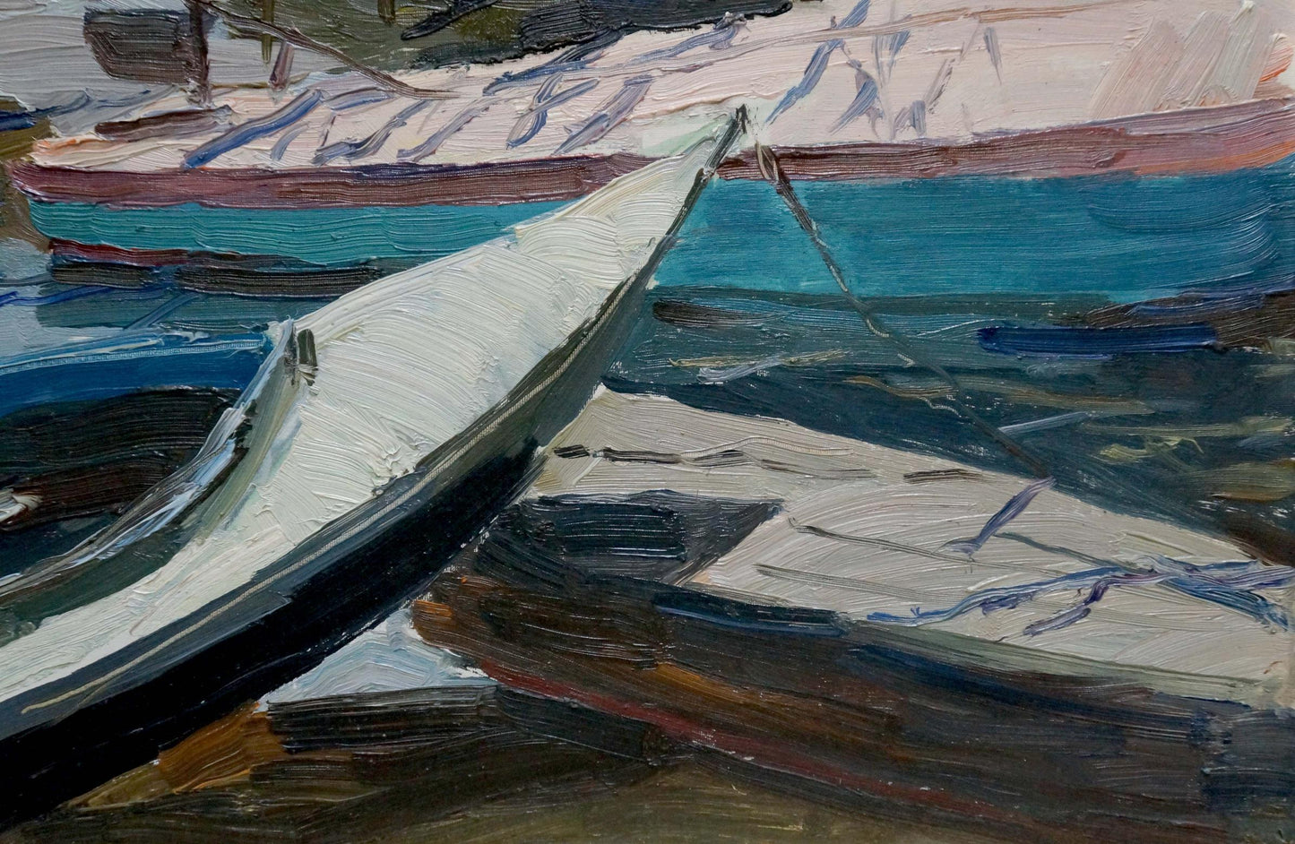 Oil painting of white and teal rowboat with blue trim in calm water