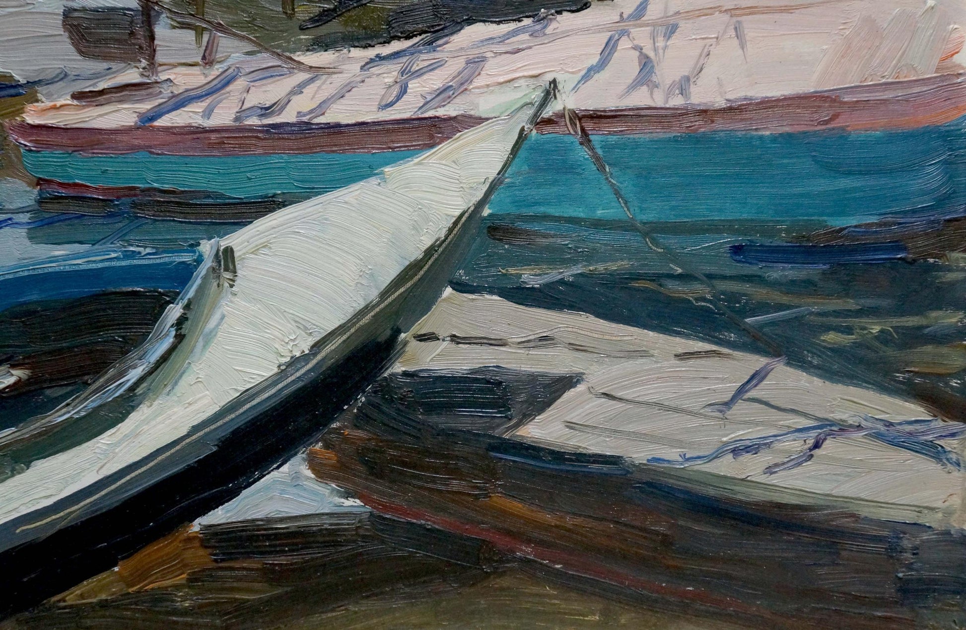 Oil painting of white and teal rowboat with blue trim in calm water