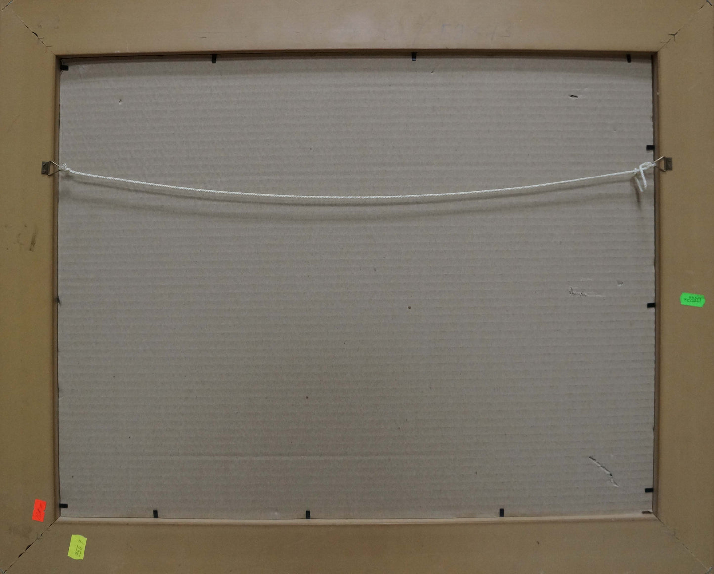 Back of beige framed Oil painting Boat ferry with white canvas and off-white wire