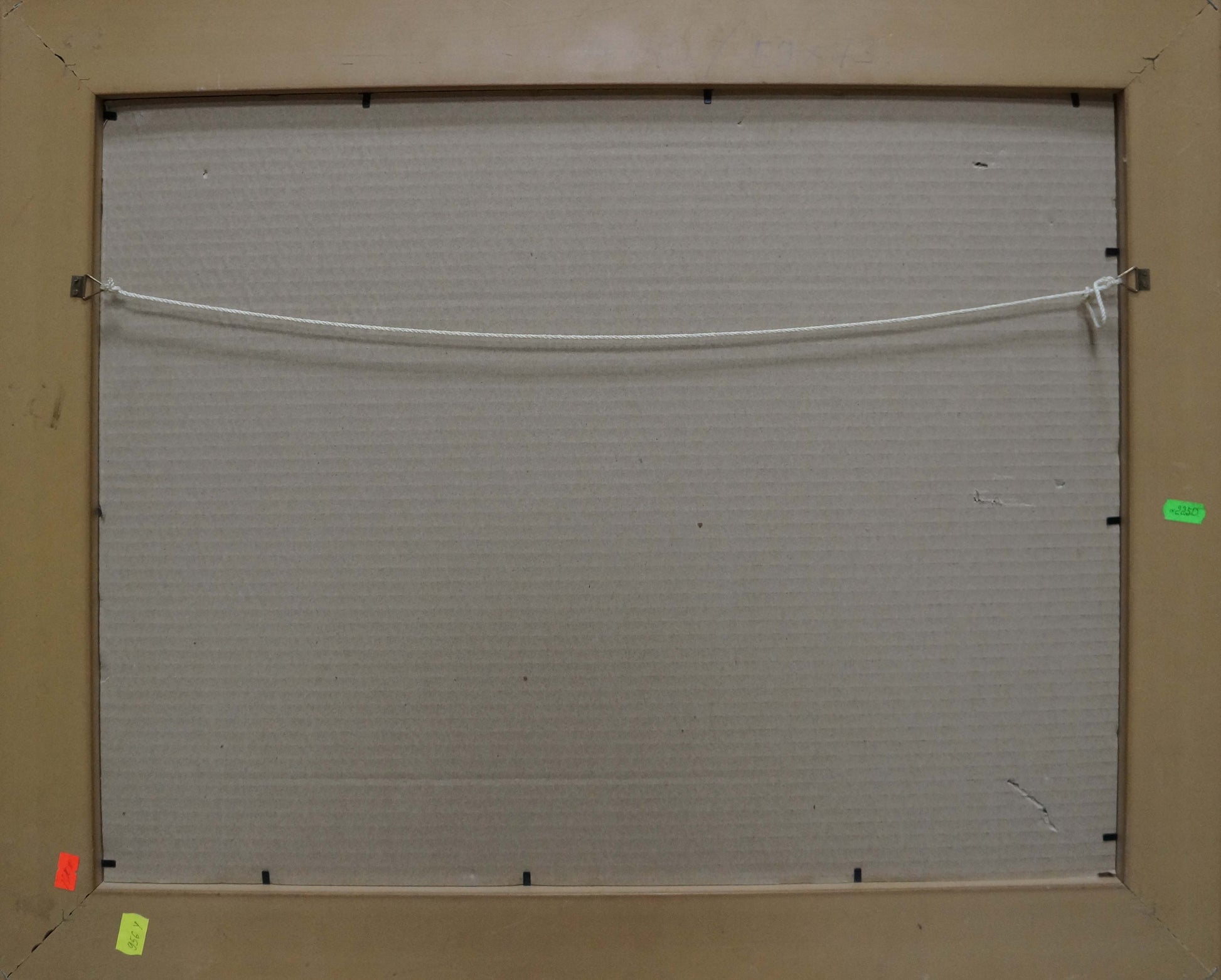 Back of beige framed Oil painting Boat ferry with white canvas and off-white wire