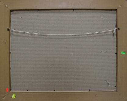 Back of beige framed Oil painting Boat ferry with white canvas and off-white wire