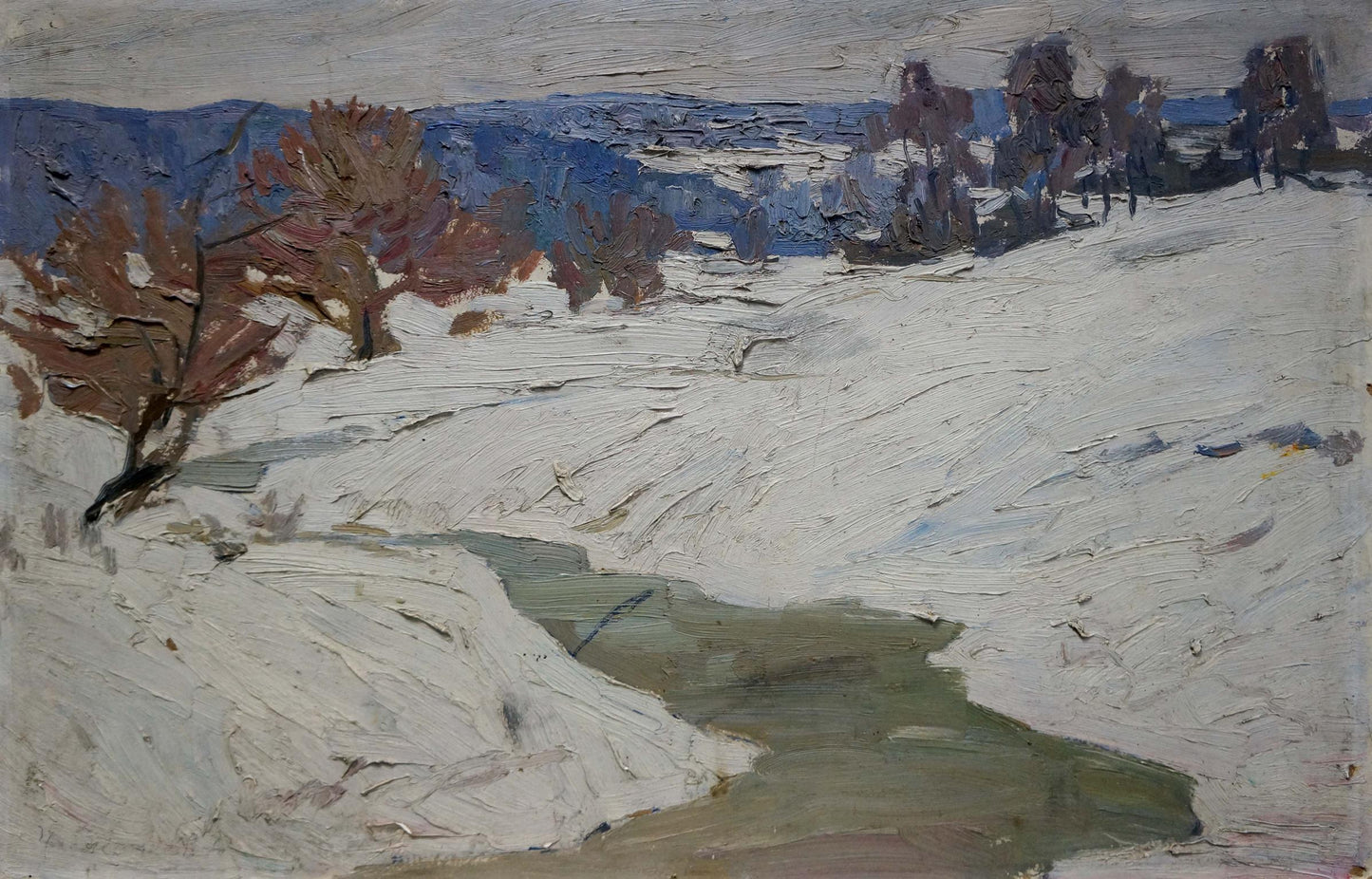 Oil painting by Chizhonkov Alexander Timofeevich: snow-covered landscape with bare trees and winding stream