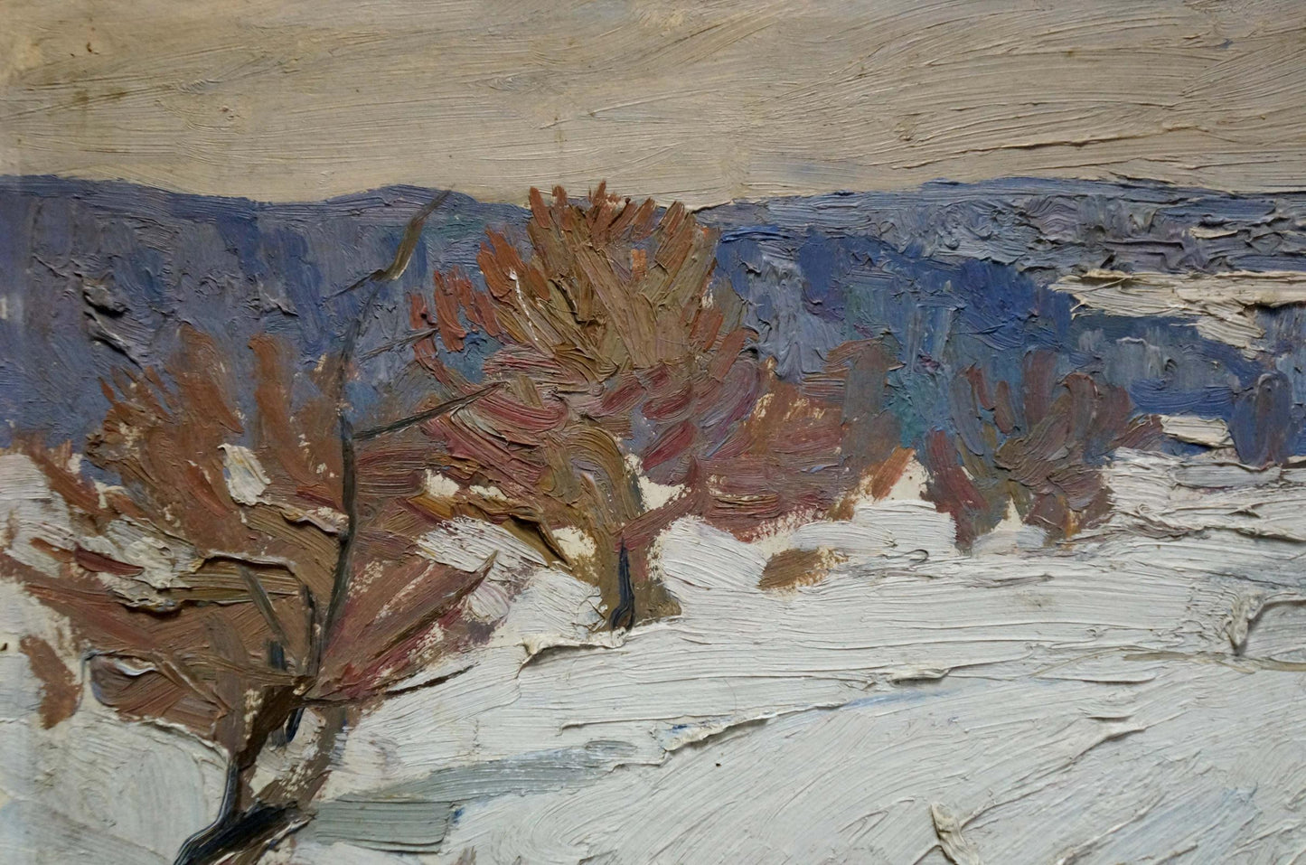 Oil painting by Chizhonkov Alexander Timofeevich: snowy landscape with autumn trees