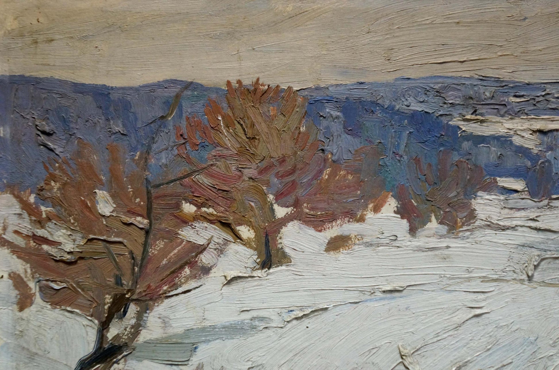 Oil painting by Chizhonkov Alexander Timofeevich: snowy landscape with autumn trees
