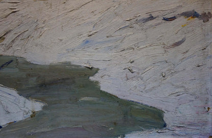 Oil painting Winter by Chizhonkov Alexander Timofeevich, impasto beige olive canvas