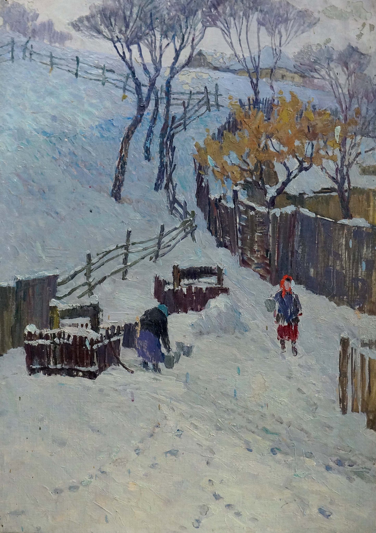 Snowy wooden fence by rural path in Kurennoy Andrey Nikiforovich oil painting
