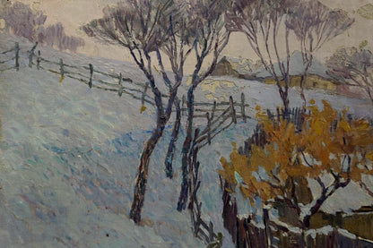 Oil painting At the Well by Kurennoy Andrey Nikiforovich: snowy landscape with bare trees and orange foliage