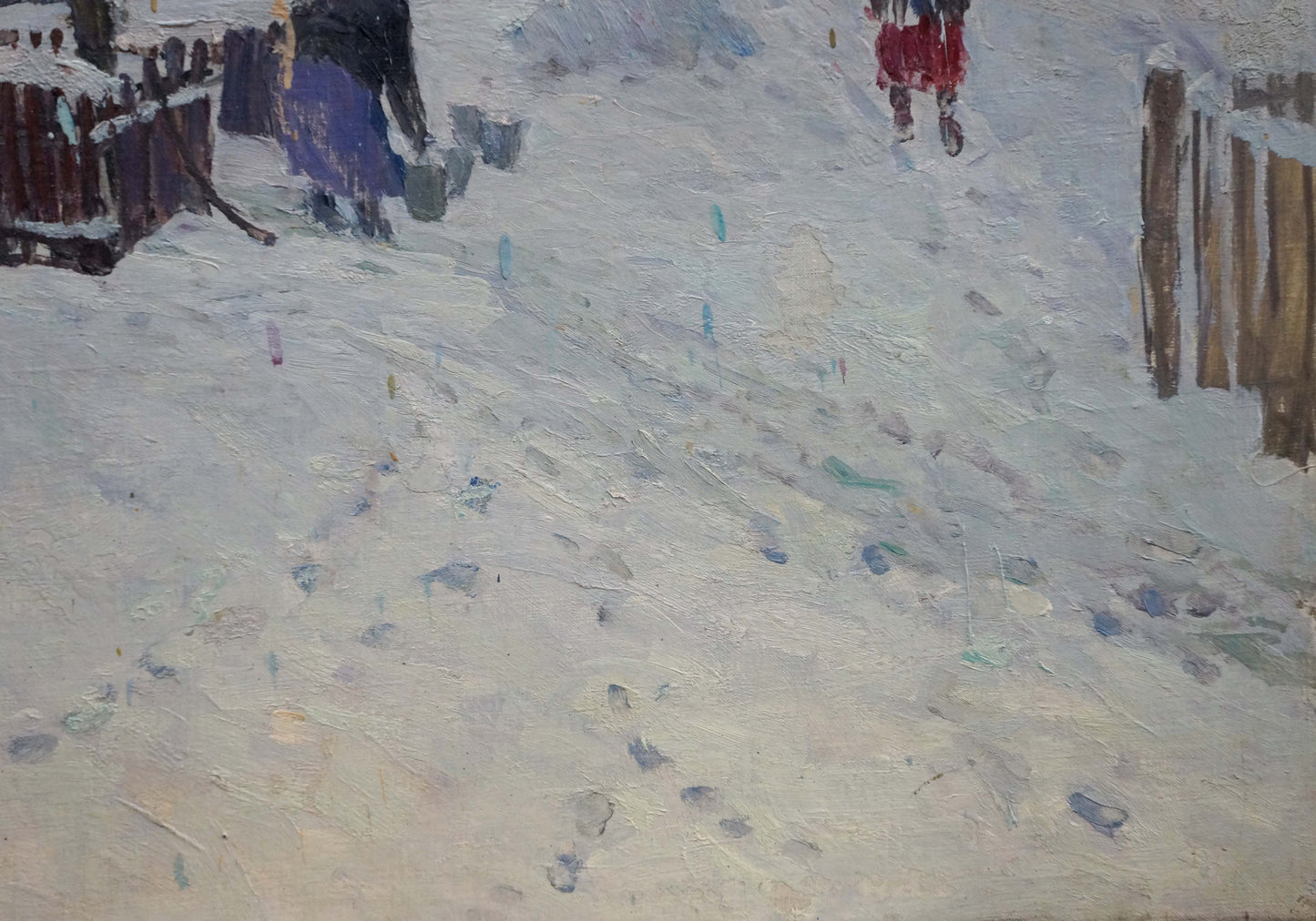 Snowy ground with footprints and blue-green paint in Kurennoy oil painting