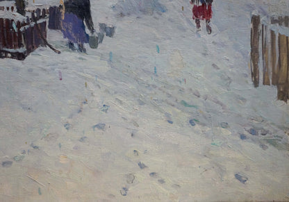 Snowy ground with footprints and blue-green paint in Kurennoy oil painting