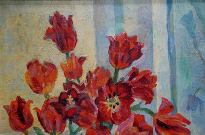 Vibrant red tulips and poppies by window oil painting by Nechiporenko Elena Henrikhovna