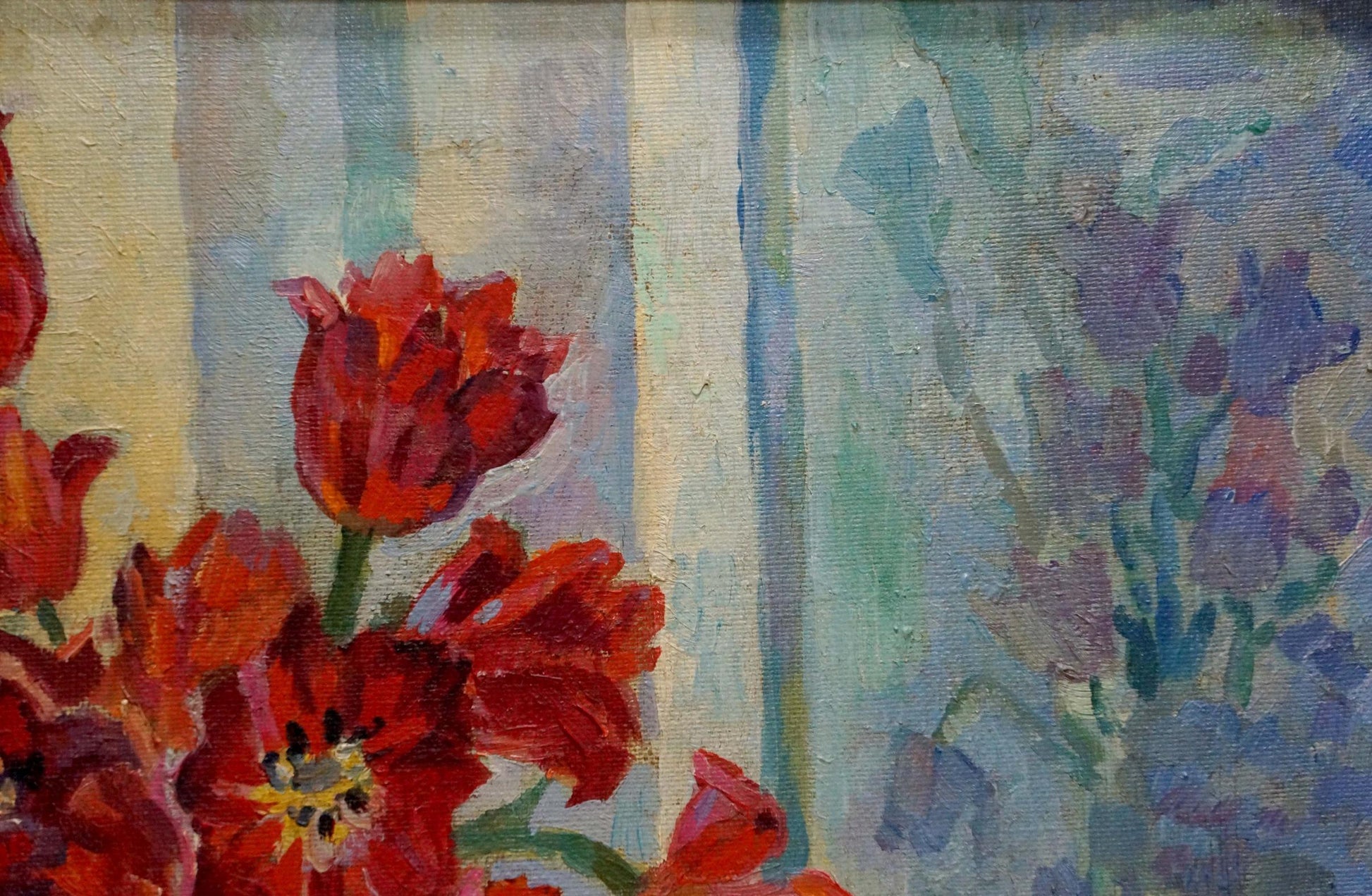 Vibrant red tulips in impressionist oil style by Nechiporenko Elena Henrikhovna