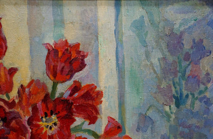 Vibrant red tulips in impressionist oil style by Nechiporenko Elena Henrikhovna