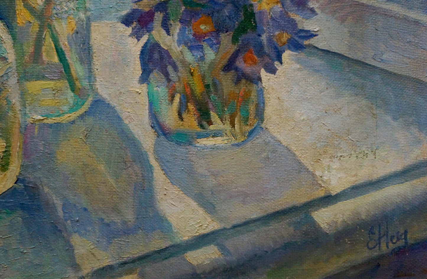 Oil painting of vibrant blue purple poppies by window by Nechiporenko Elena Henrikhovna