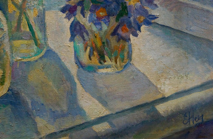 Oil painting of vibrant blue purple poppies by window by Nechiporenko Elena Henrikhovna