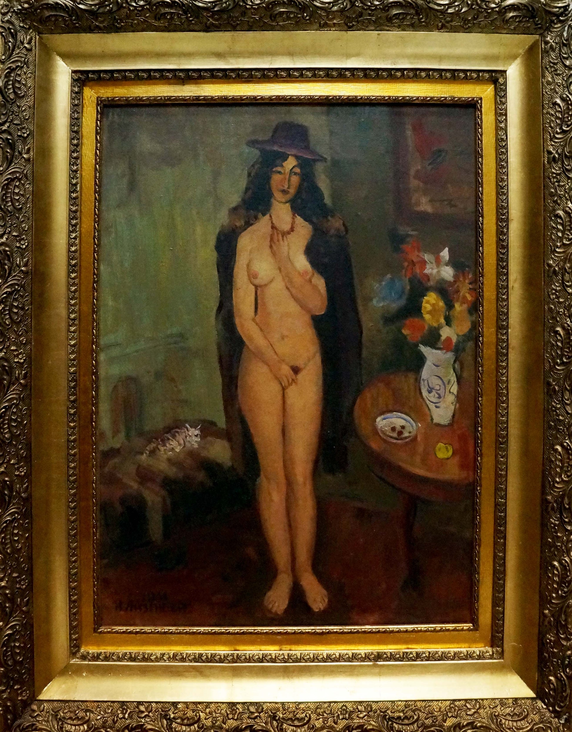 Framed oil painting of figure Nina Evseevna Aisenberg in purple hat and cloak