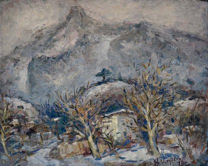 Oil painting Village by the Mountain by Karelin Vyacheslav, snowy peaks and village