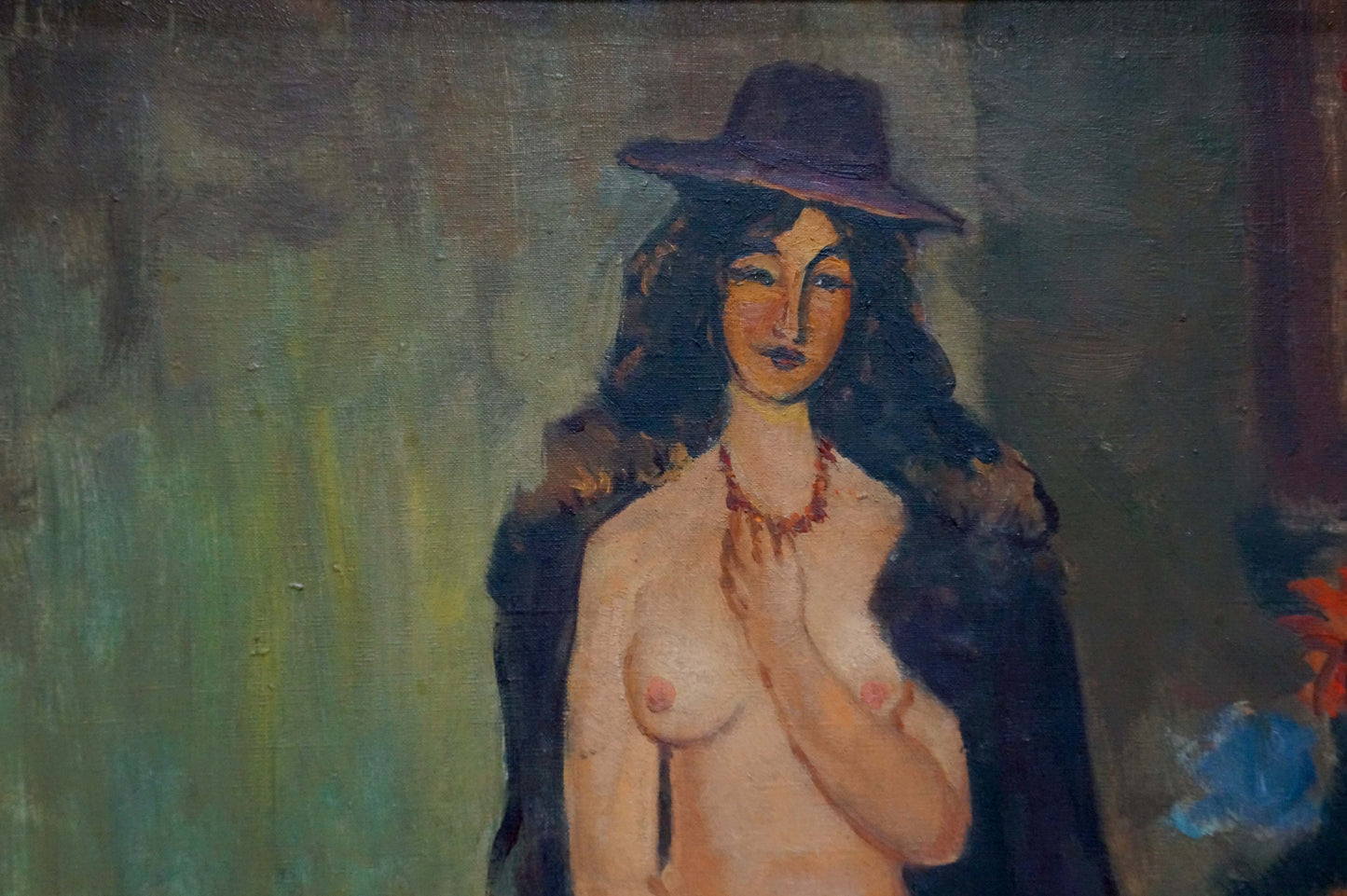 Oil painting portrait of female figure Nina Evseevna Aisenberg in dark hat and fur cloak