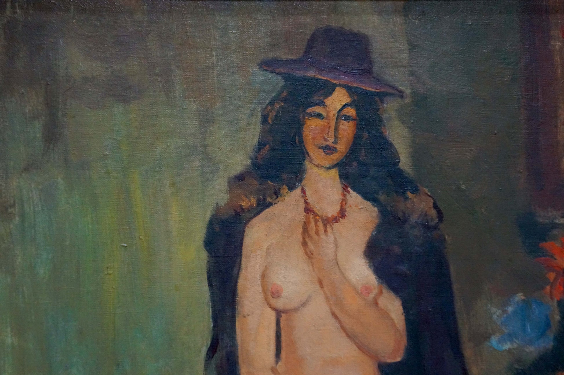 Oil painting portrait of female figure Nina Evseevna Aisenberg in dark hat and fur cloak