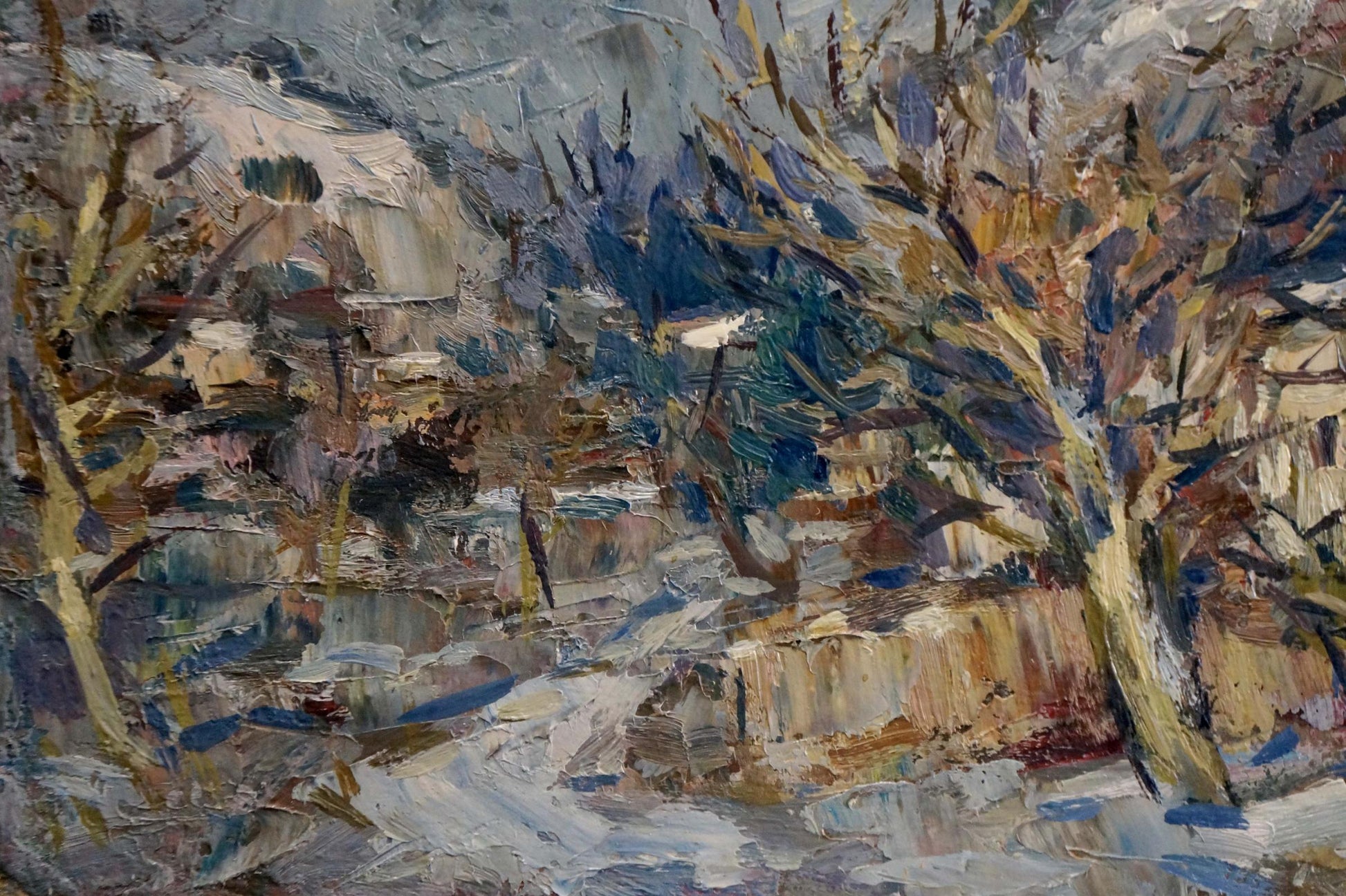 Impressionist oil painting of snowy village by mountain by Karelin Vyacheslav