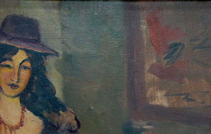 Oil painting portrait of female figure Nina Evseevna Aisenberg in earth tones