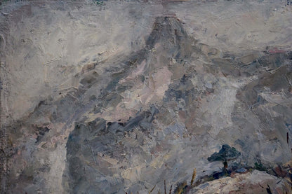 Textured impressionistic oil painting of village by mountain by Karelin Vyacheslav
