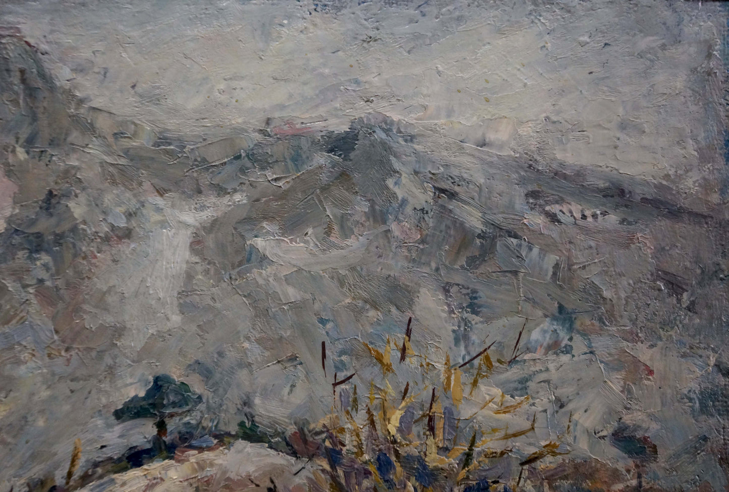 Oil painting Village by the Mountain by Karelin Vyacheslav, textured gray landscape
