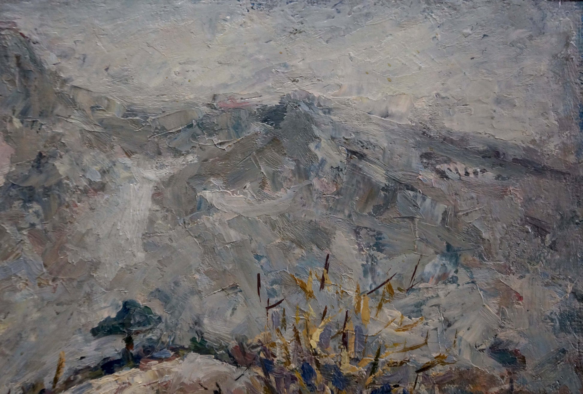 Oil painting Village by the Mountain by Karelin Vyacheslav, textured gray landscape