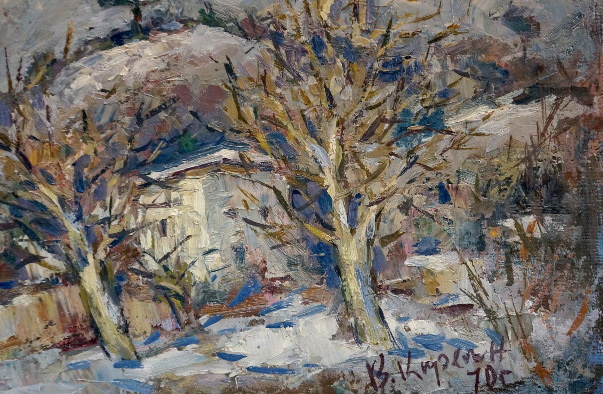 Textured impressionist snowy landscape with bare trees by Karelin Vyacheslav