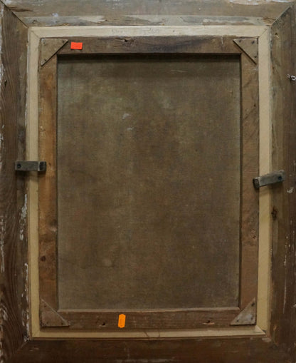 Back of rustic wooden-framed oil painting Portrait of female figure Nina Evseevna Aisenberg