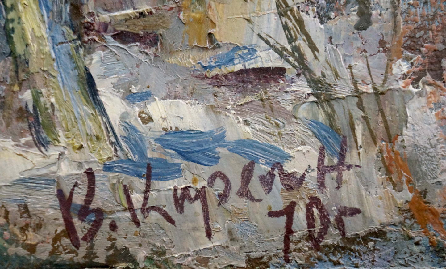 Textured oil painting Village by the Mountain by Karelin Vyacheslav