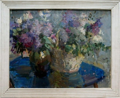 Oil painting Still life by Zvyagintsev Rostislav Mikhailovich: lilacs in basket