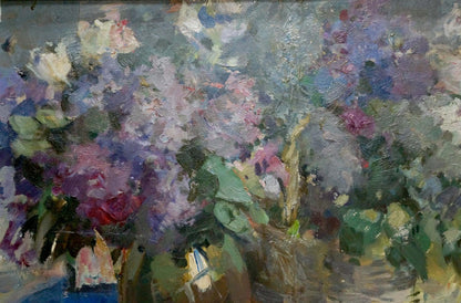 Vibrant impressionistic oil painting of purple pink blue bouquet by Zvyagintsev Rostislav Mikhailovich
