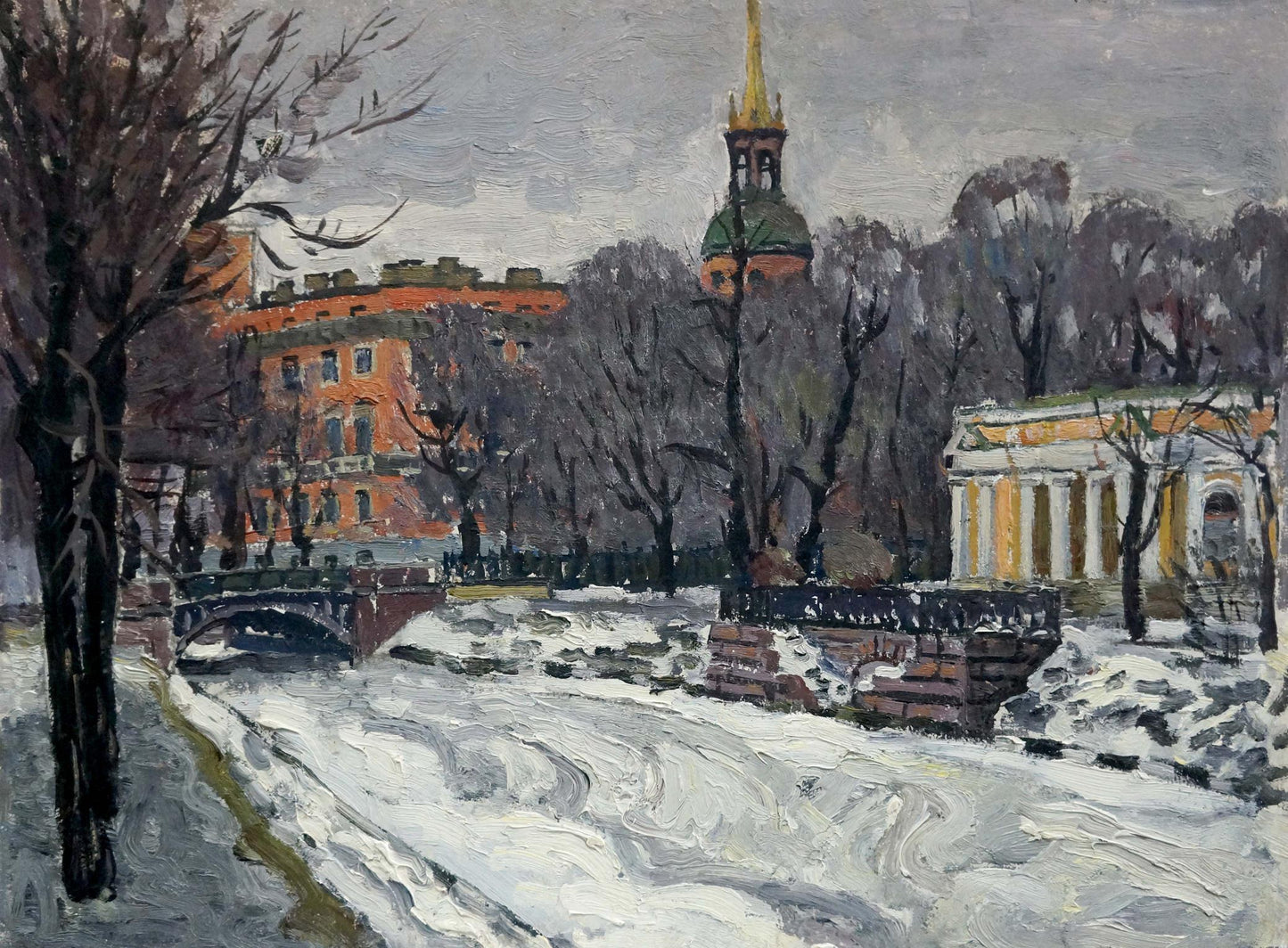 Oil painting of spring L. by Karpov Yuri Fedorovich, snow-covered riverbank with golden spire