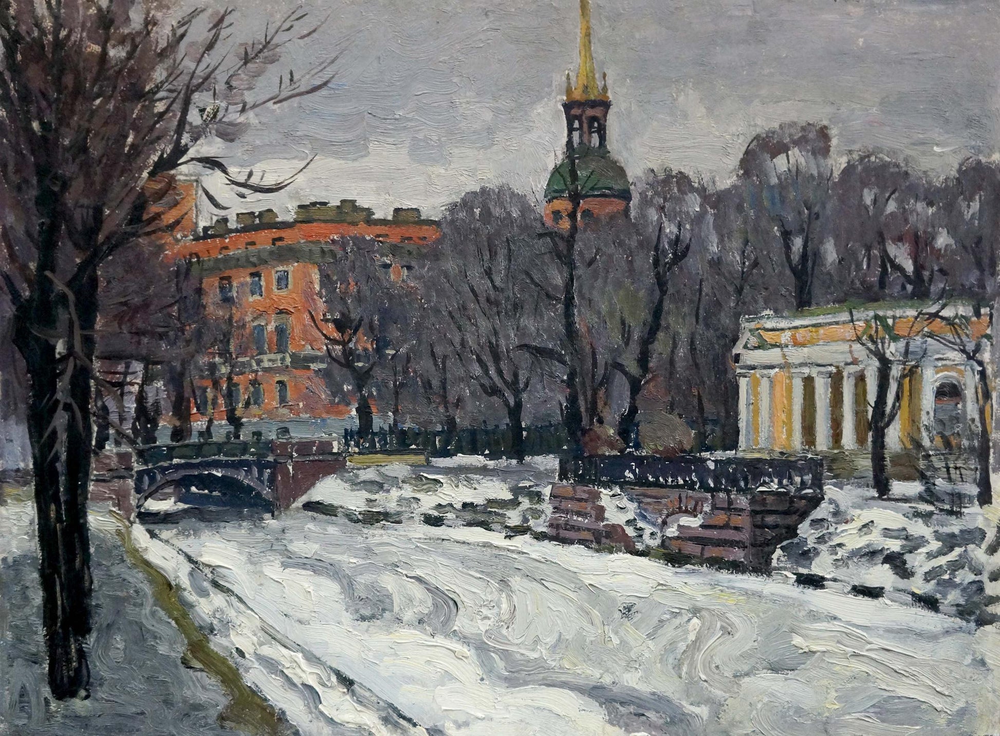 Oil painting of spring L. by Karpov Yuri Fedorovich, snow-covered riverbank with golden spire