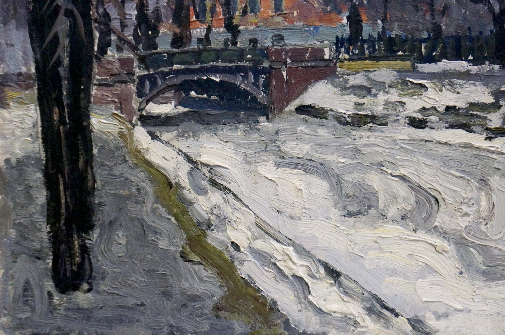 Oil painting by Yuri Fedorovich Karpov: impressionistic snow-covered stone bridge over frozen river