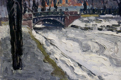 Oil painting by Yuri Fedorovich Karpov: impressionistic snow-covered stone bridge over frozen river