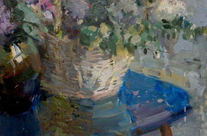 Oil painting by Zvyagintsev Rostislav Mikhailovich: basket with green leaves, purple flowers