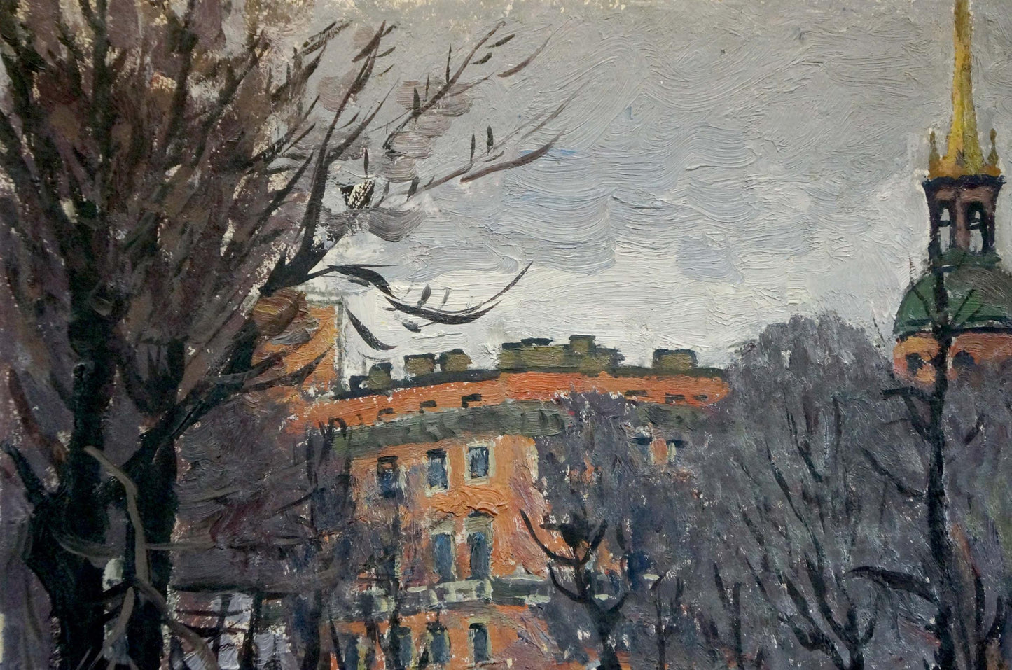 Oil painting Spring L. by Karpov Yuri Fedorovich, weathered orange brick building