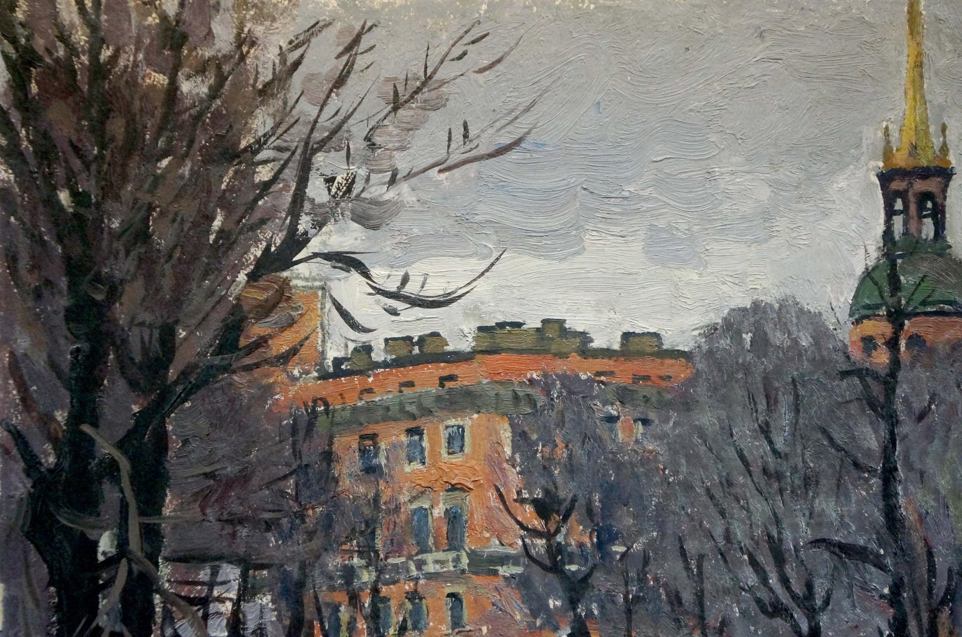 Oil painting Spring L. by Karpov Yuri Fedorovich, weathered orange brick building