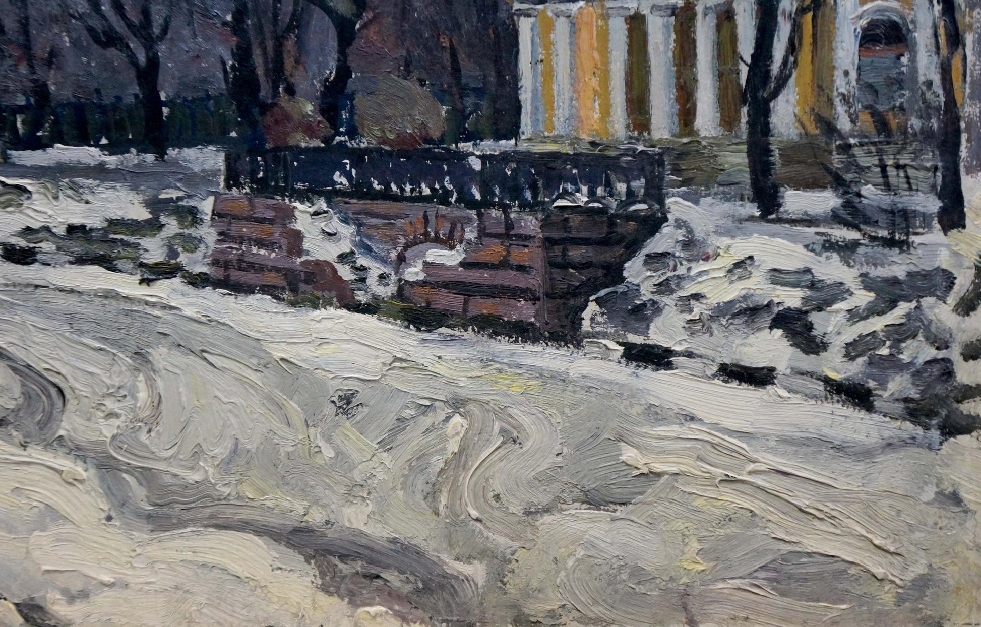Oil painting by Yuri Fedorovich Karpov: weathered brick wall with snow base