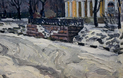 Oil painting by Yuri Fedorovich Karpov: weathered brick wall with snow base
